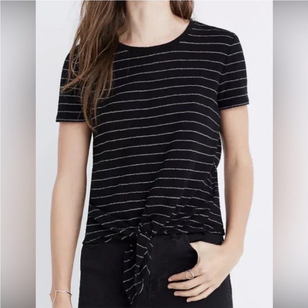 Madewell Tie Front Round neck Striped Top Size XL Black and White Stripes